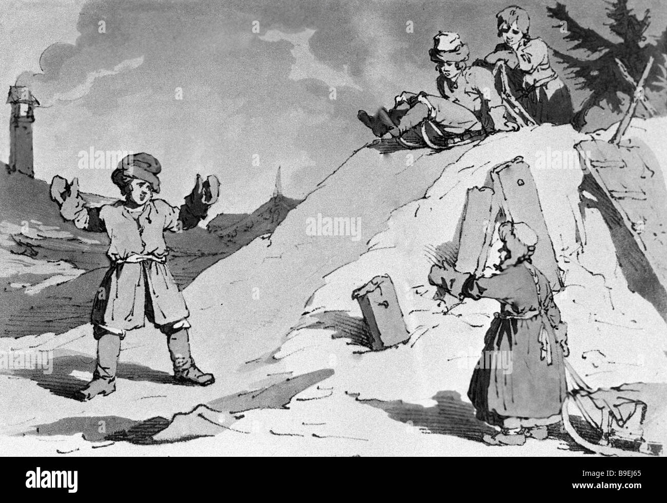 Reproduction of engraving Peasant Children Riding Down Icy Hill by Atkinson from collection of