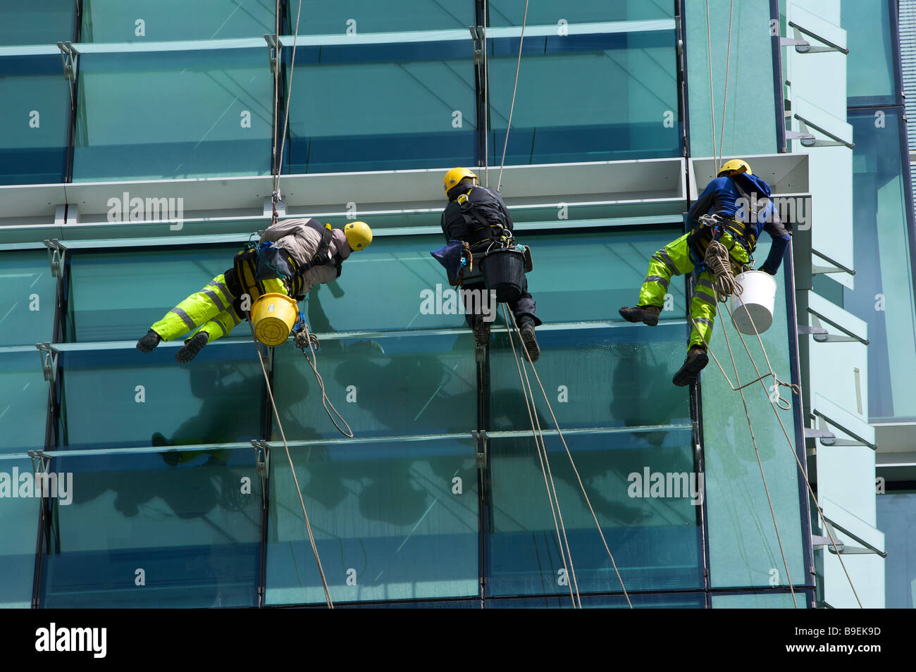 Window cleaners abseiling down a modern office block in Birmingham West Midlands England UK Stock Photo