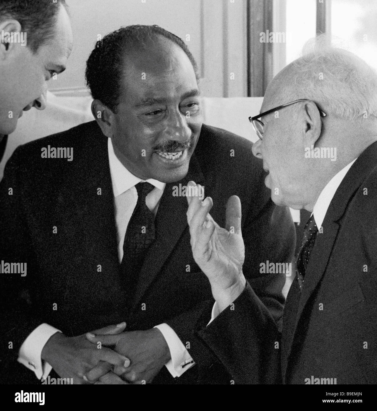 Anwar Sadat president of the United Arab Republic left and Nikolai Podgorny chairman of the Presidium of the USSR Supreme Stock Photo