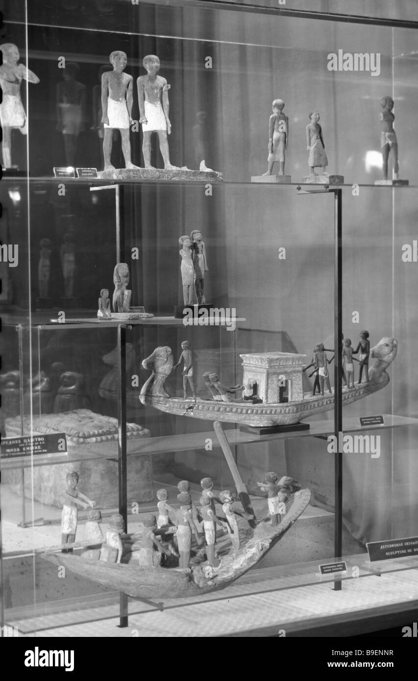 Ancient Egyptian statuettes on display in the Pushkin Museum of Fine