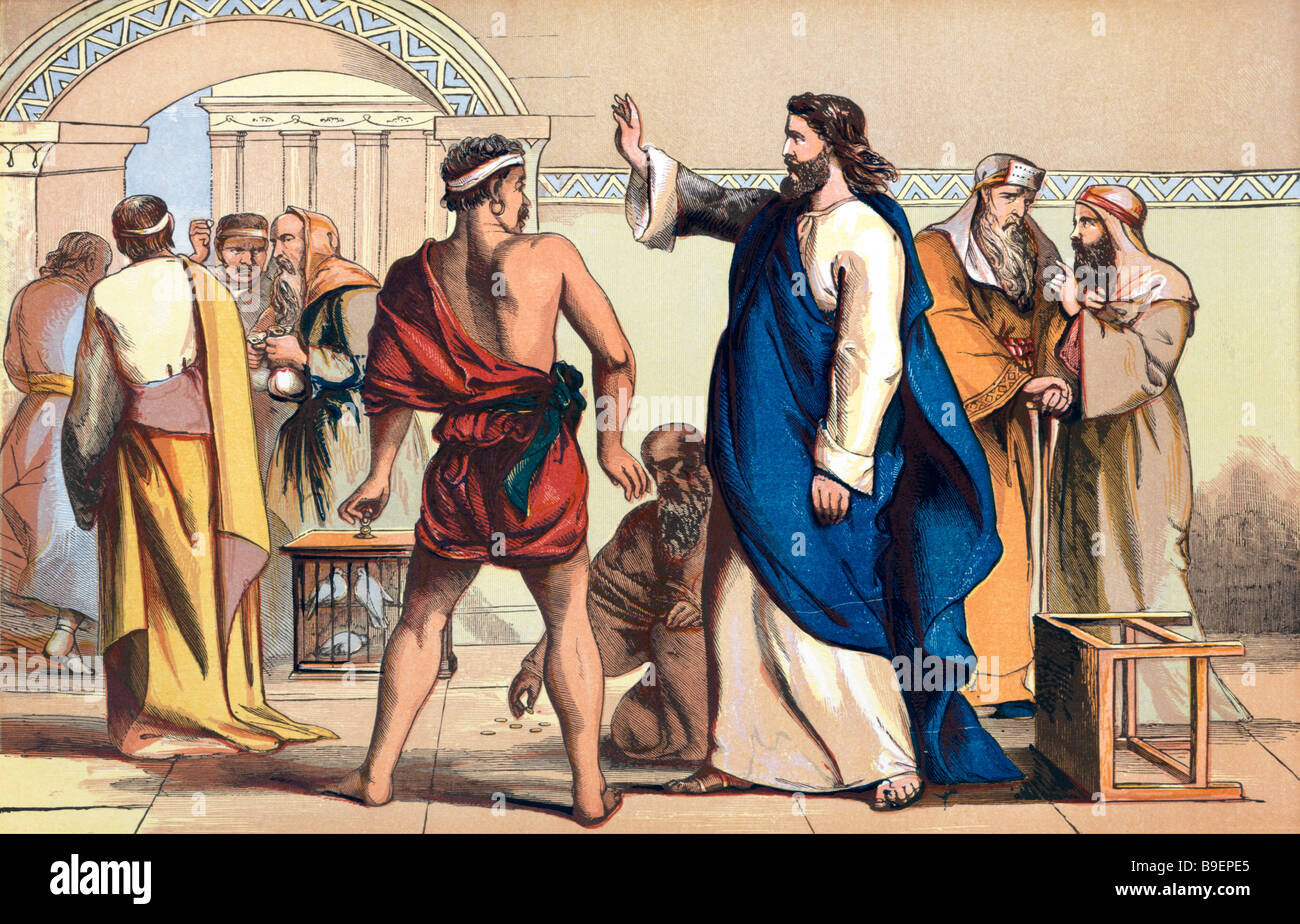 Jesus expulsion of the money lenders from the temple Stock Photo