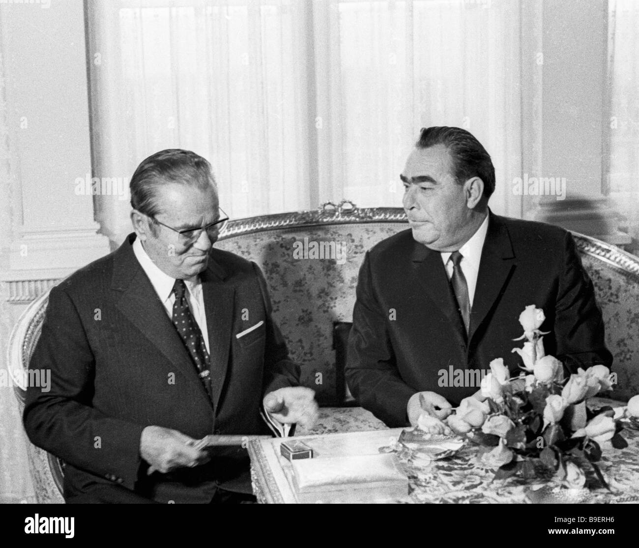 Soviet Communist Party Secretary General Leonid Brezhnev right and Yugoslav President Josip Broz Tito left Stock Photo