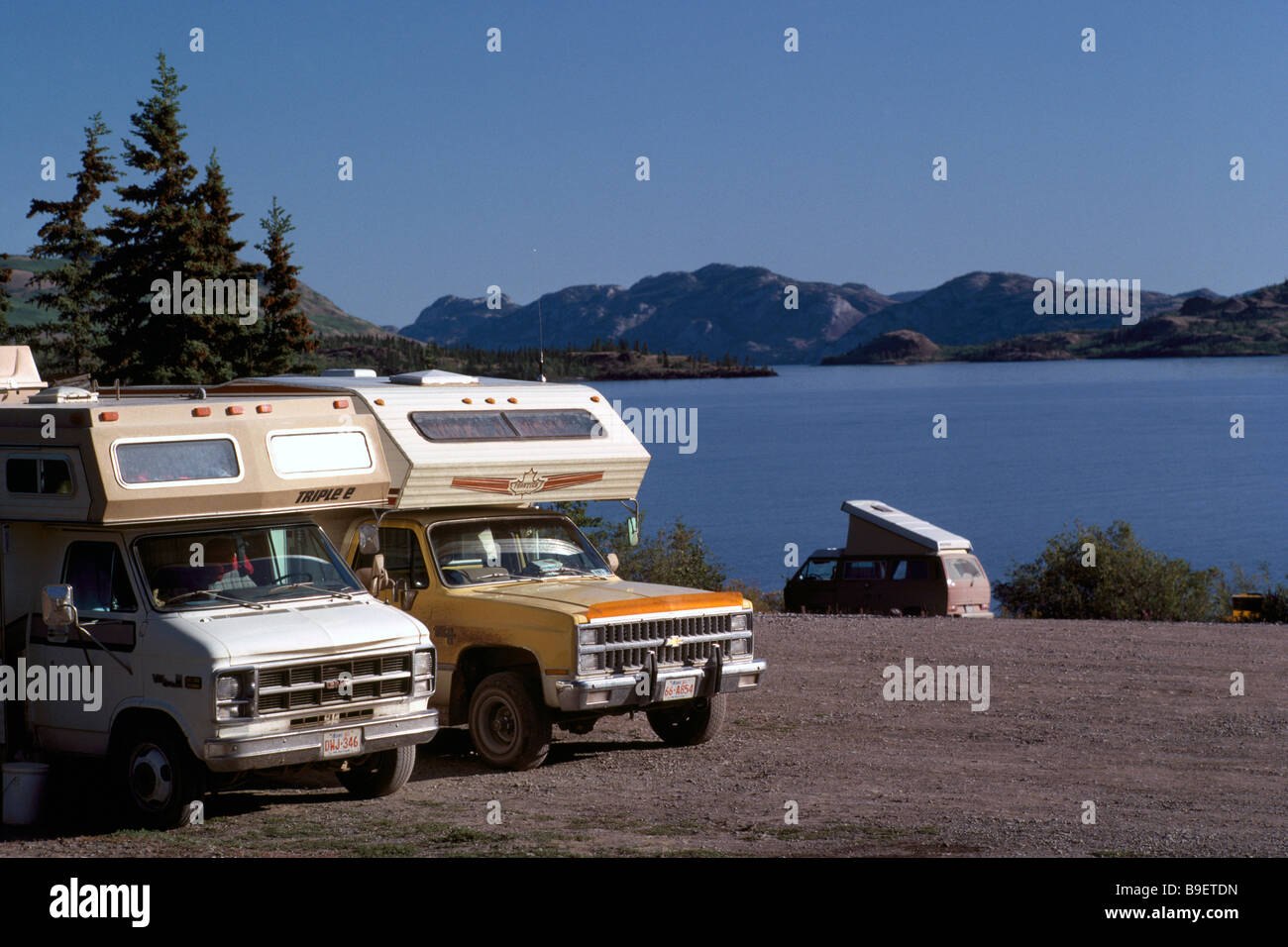 RV Recreational Vehicle Campers camping in a Campground at Lake Laberge