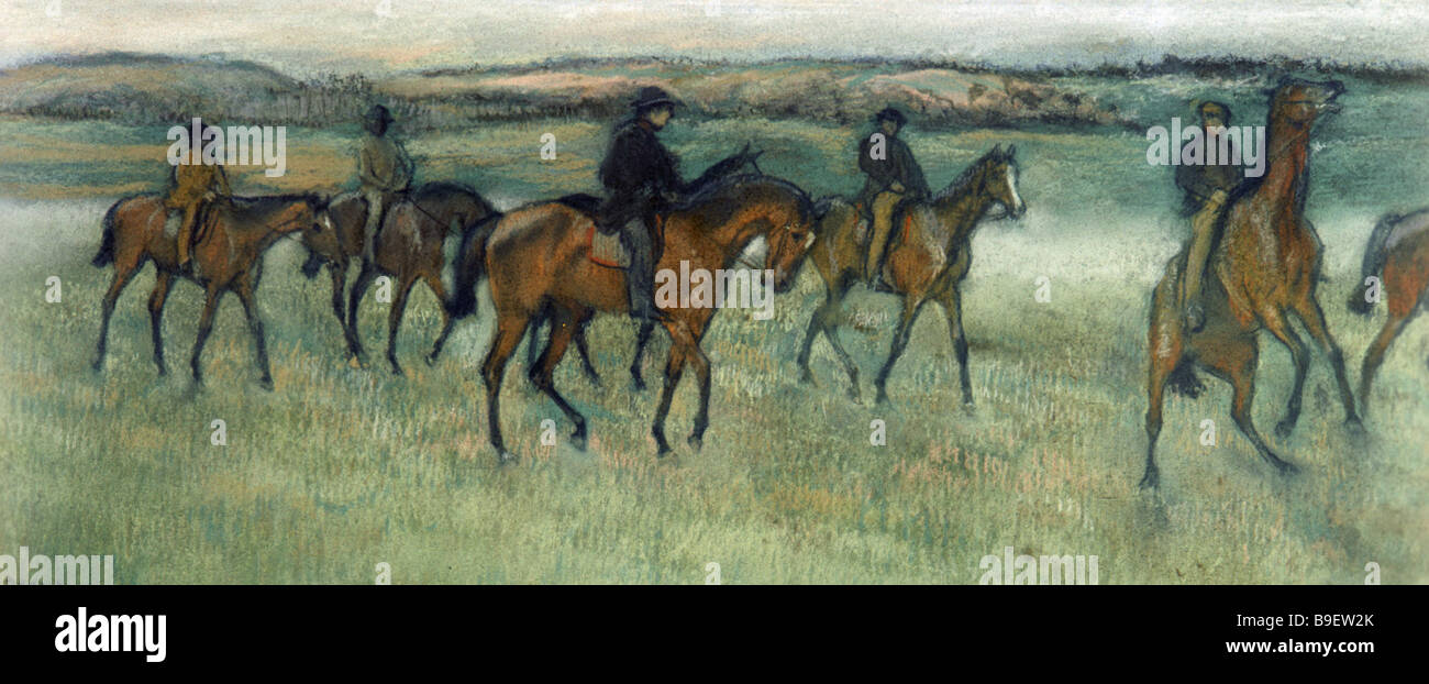 Edgar Degas reproduced painting Race Horses in Landscape from the collection of the Pushkin Museum of Fine Arts Stock Photo