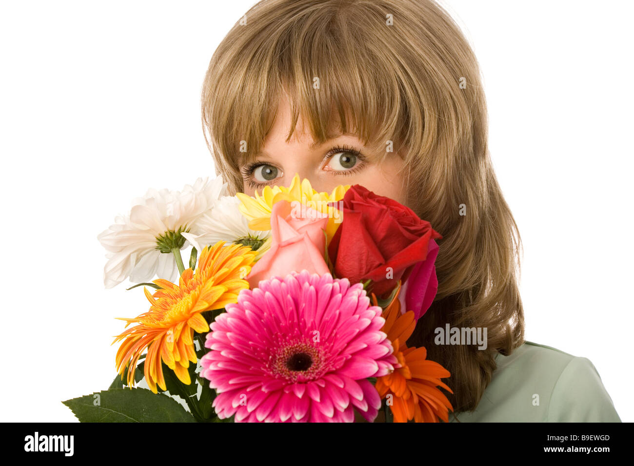 young woman with flowers on white background Stock Photo - Alamy