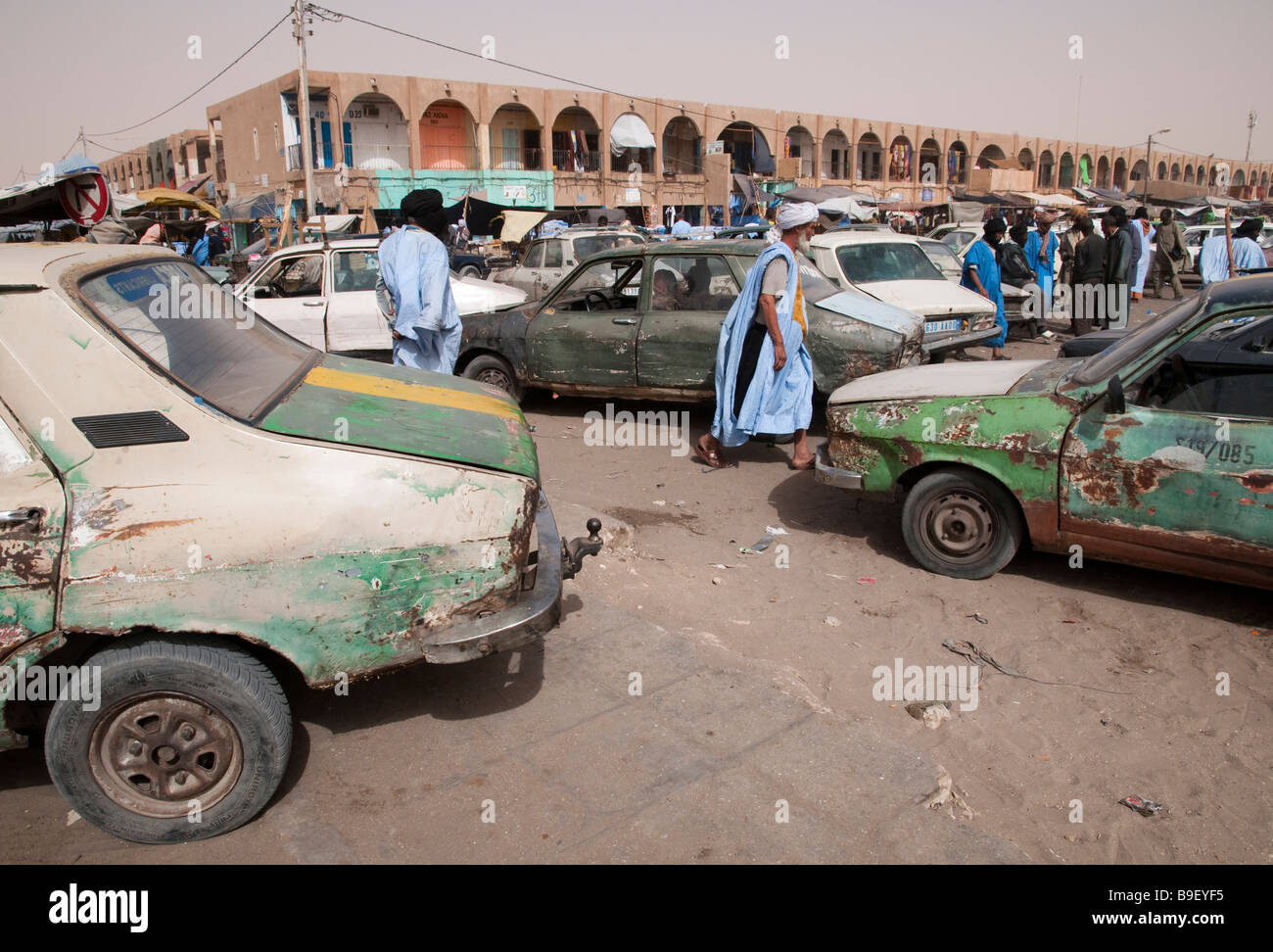 West Africa Mauritania Nouakchott City Centre collective taxis in front of main market Stock Photo