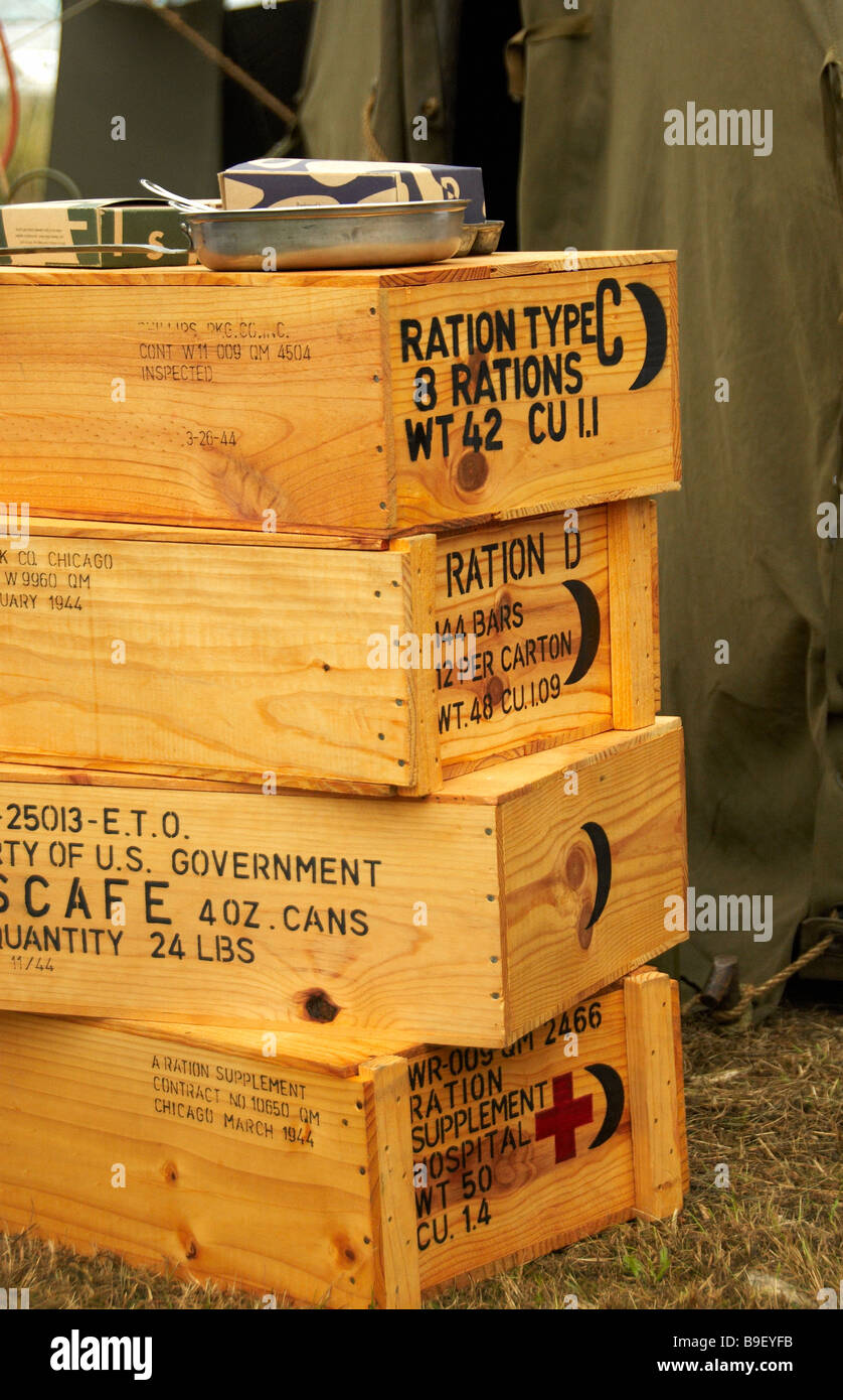 Boxes with US army C and D rations for soldiers in the field Stock