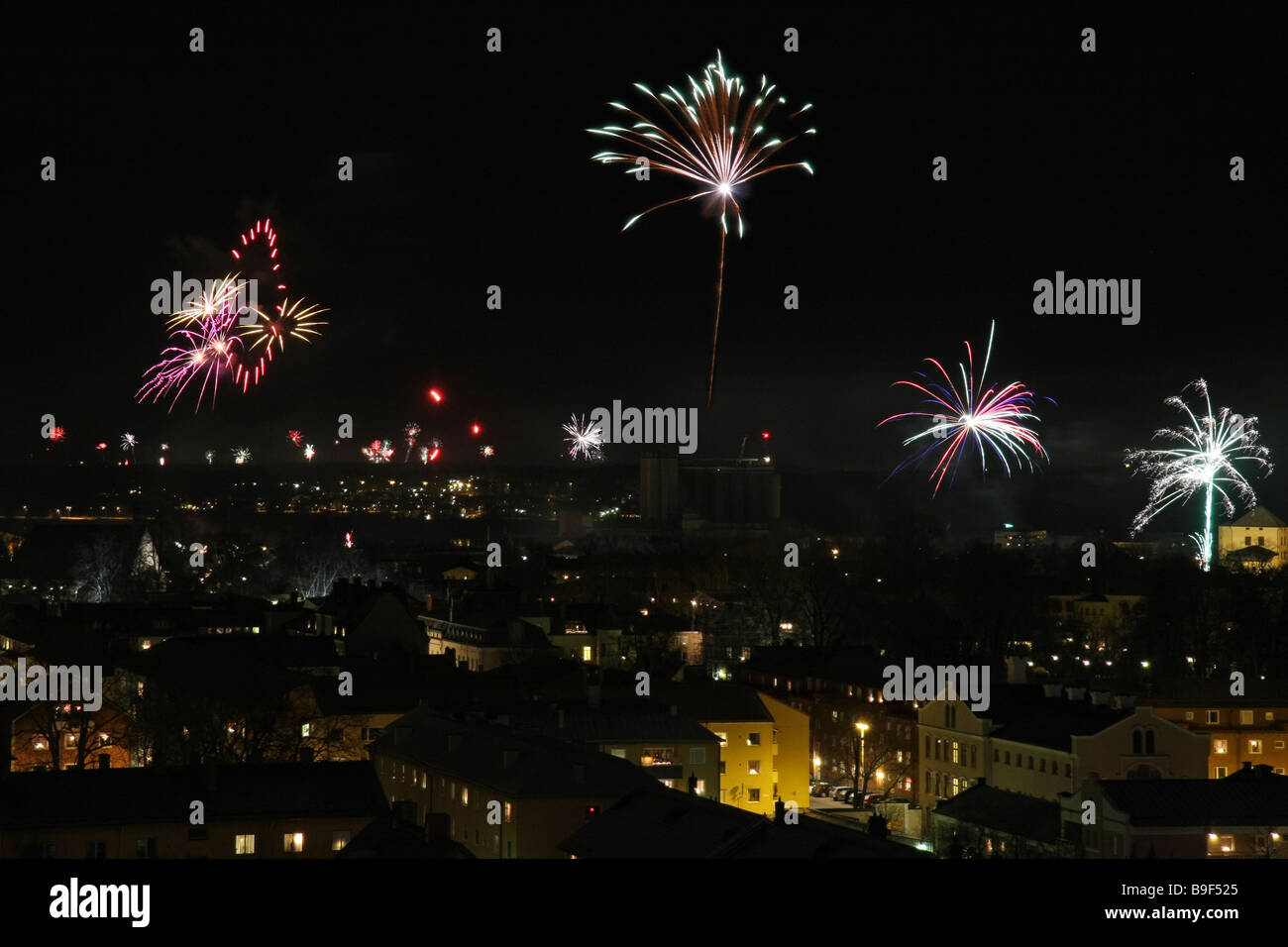 Fireworks celebrating a new year in the city of Nyköping, Sweden. Stock Photo