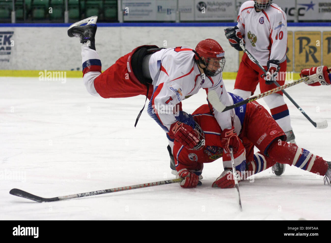 No 7 in Russia, Kirill kabanov flying over a Czech player. Stock Photo