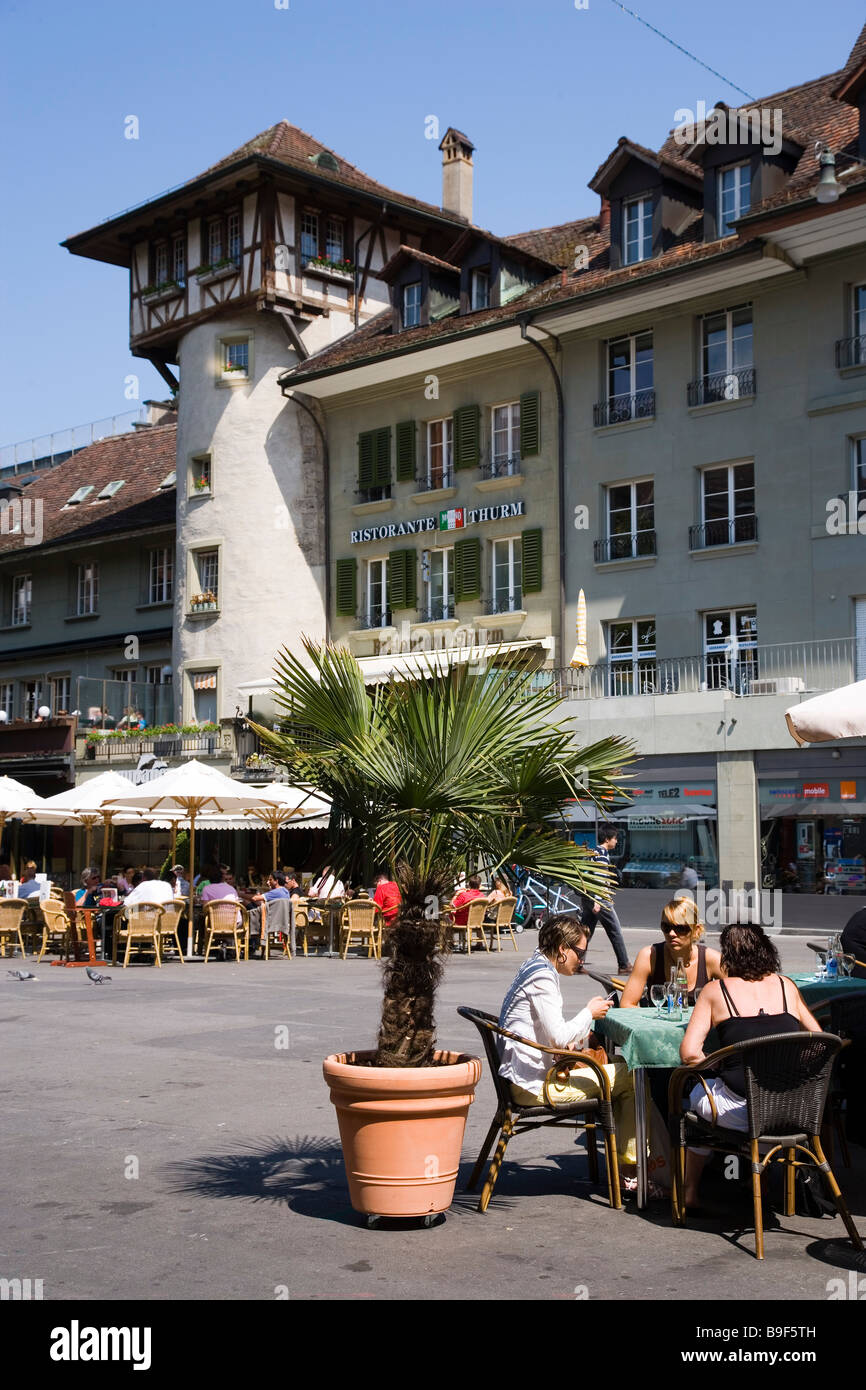 Guests sitting in pavement cafes at Bärenplatz Old Town Berne Canton of Berne Switzerland Stock Photo