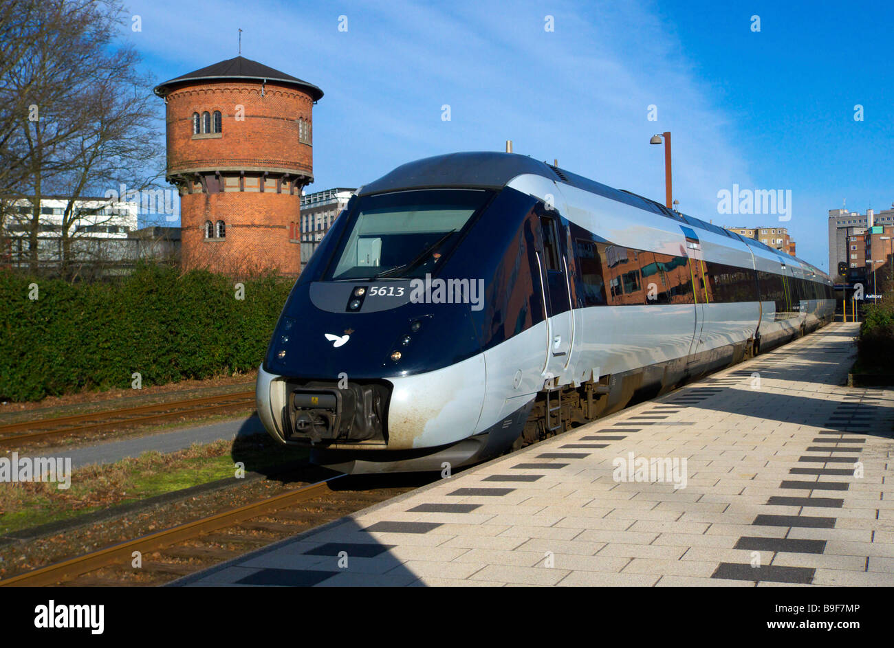 Ansaldo Breda IC4 train for Danish State Railways approaching Aalborg Railway Station to form the 08.59 Lyntog to Copenhagen Stock Photo