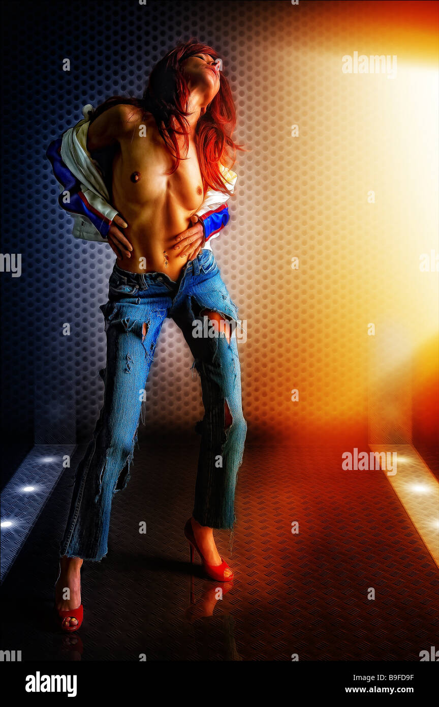 half naked woman with jeans, full shot Stock Photo - Alamy