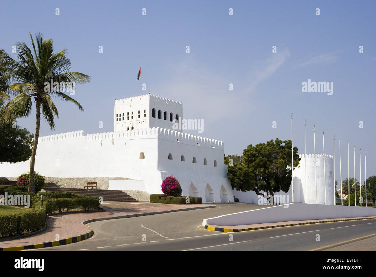 Oman Sohar castle complex white street sultanate castle fortress construction architecture sight destination tourism  14 Stock Photo