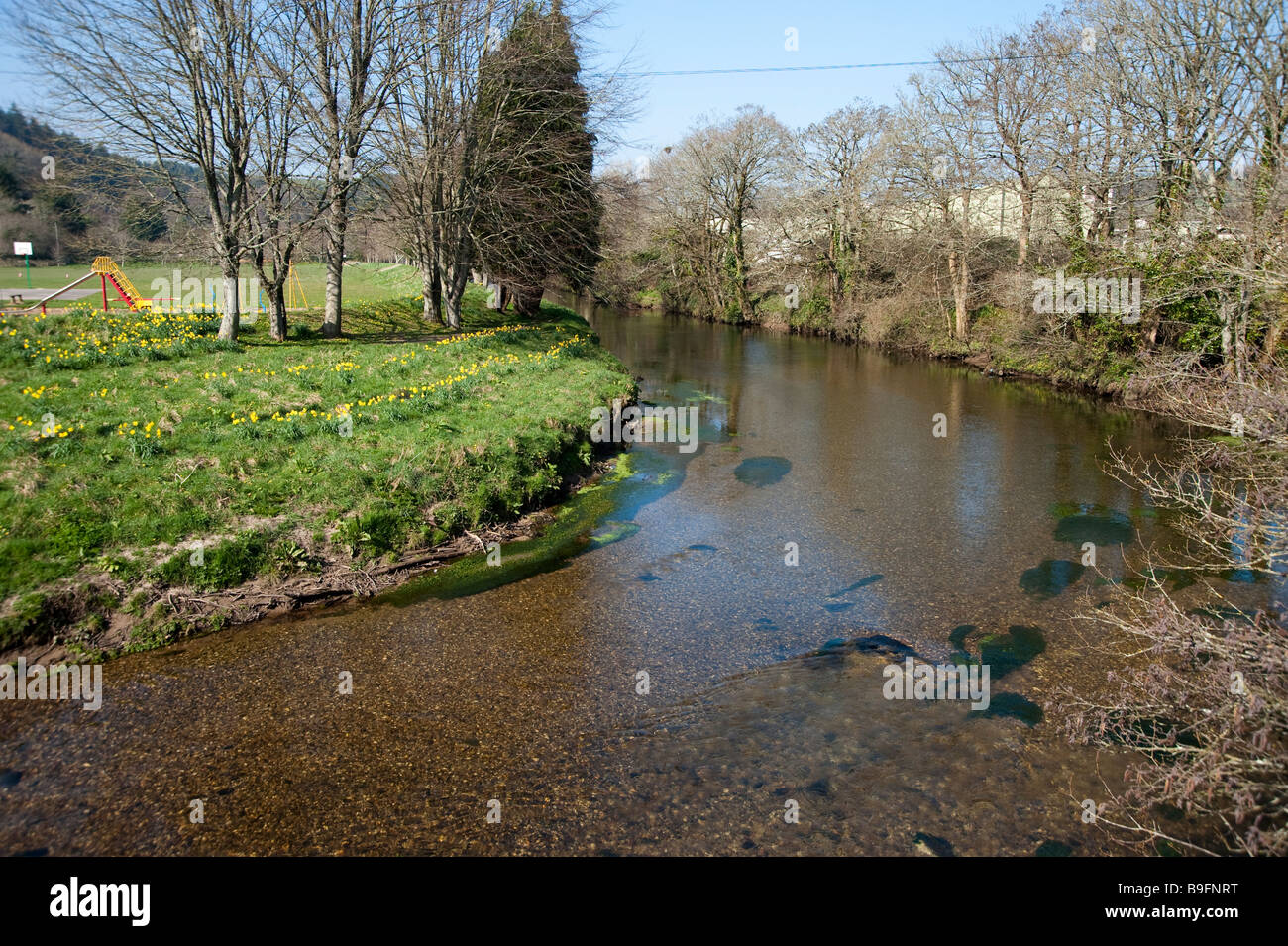 River Fowey at Lostwithiel looking upstream of the historic bridge. Stock Photo