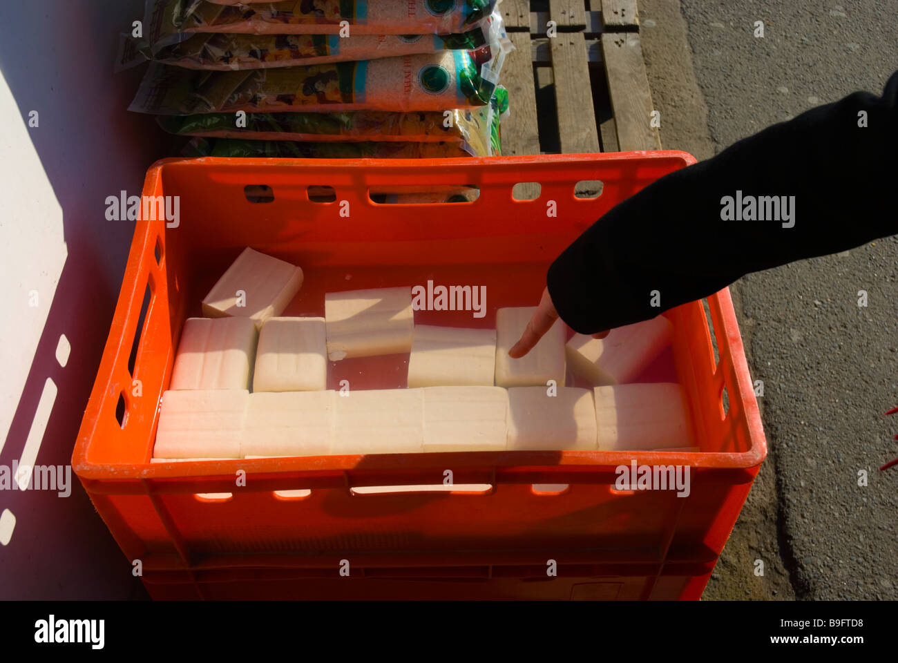 Silken tofu sold fresh at a Vietnamese market in outskirts of Prague Czech Republic Europe Stock Photo