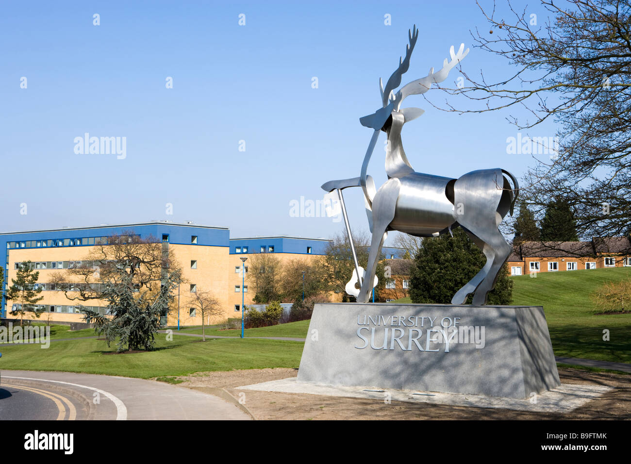 Stag sculpture at entrance to University of Surrey, Guildford, Surrey, UK Stock Photo