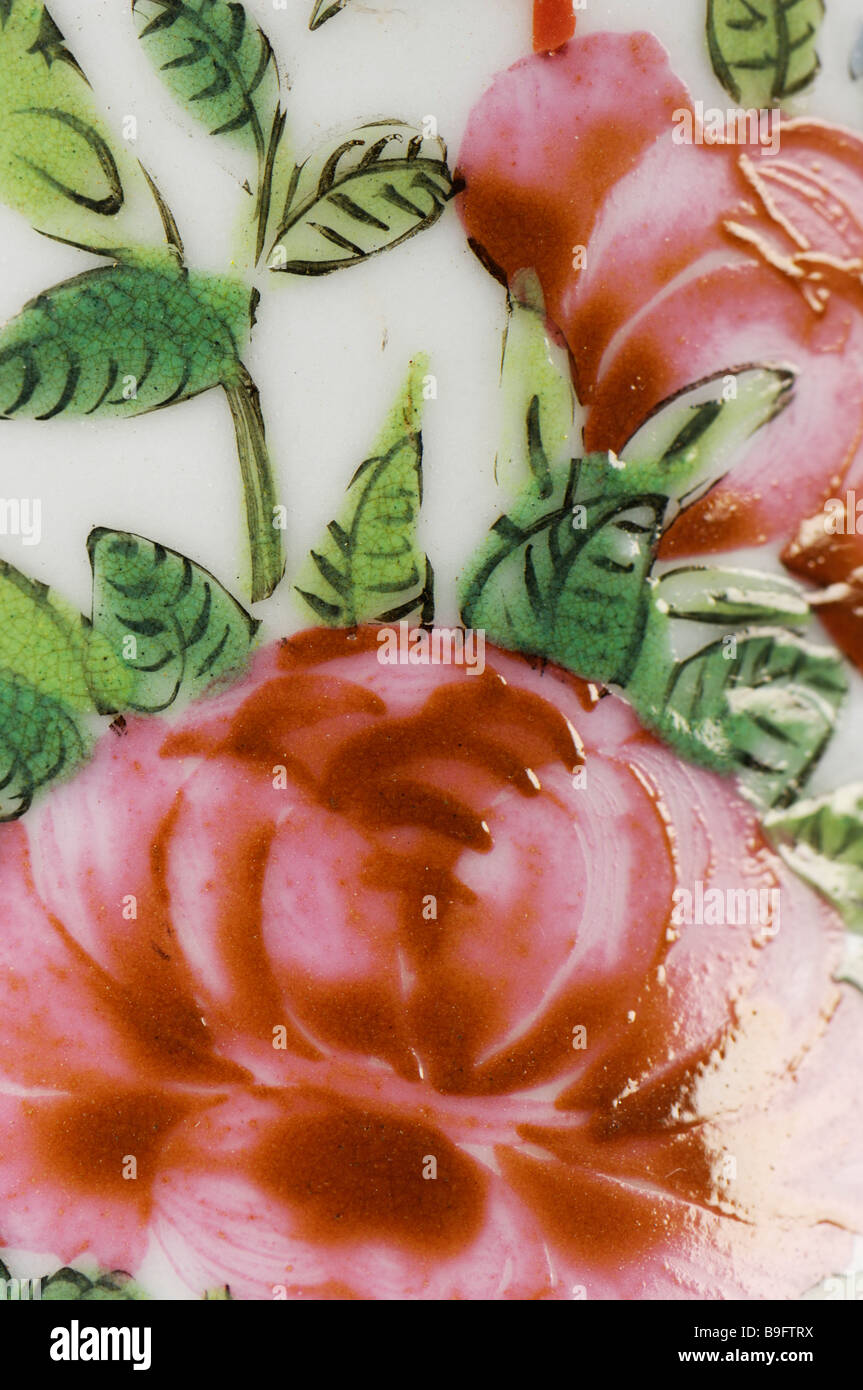 Detail of hand painted decoration on 19th C. Chinese Canton porcelain. Stock Photo