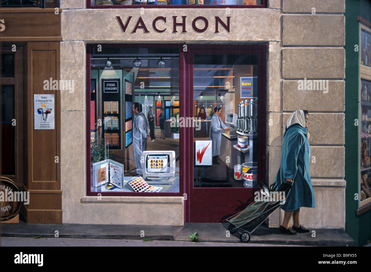 Trompe-l'oeil, Mural or Wall Painting of Store or Shop Front, Le Presqu'île, Lyon or Lyons, France Stock Photo