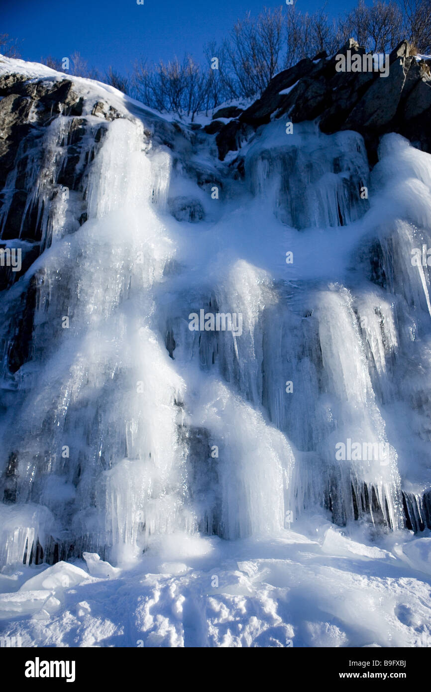 Ice-waterfall Lukmanierpass Switzerland Graubünden Stock Photo