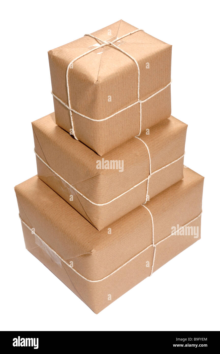 Three brown paper parcels Stock Photo