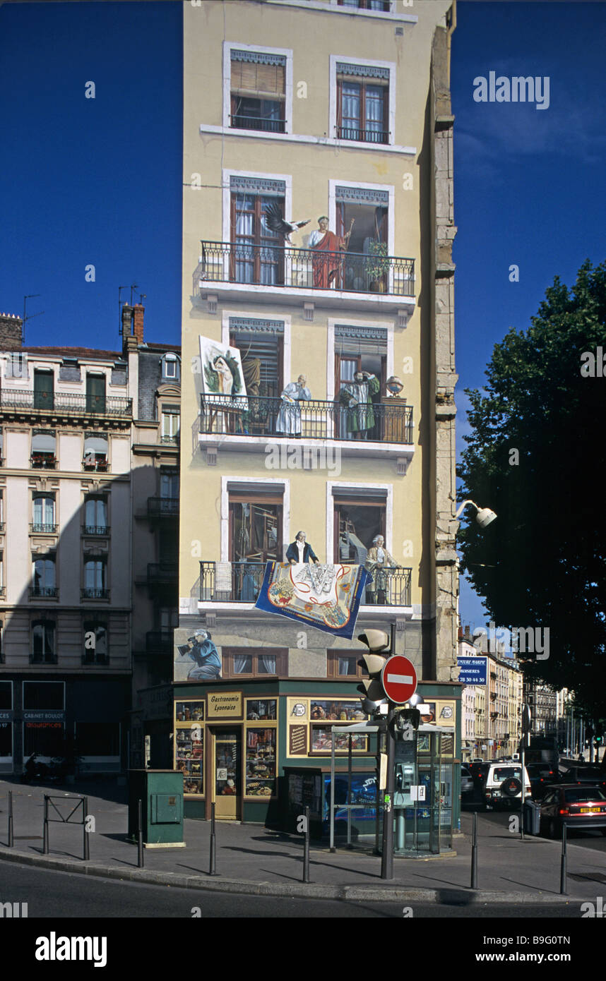 Trompe-l'oeil, Mural or Wall Painting, Painted Facade, La Presqu'île District, Lyon or Lyons, France Stock Photo
