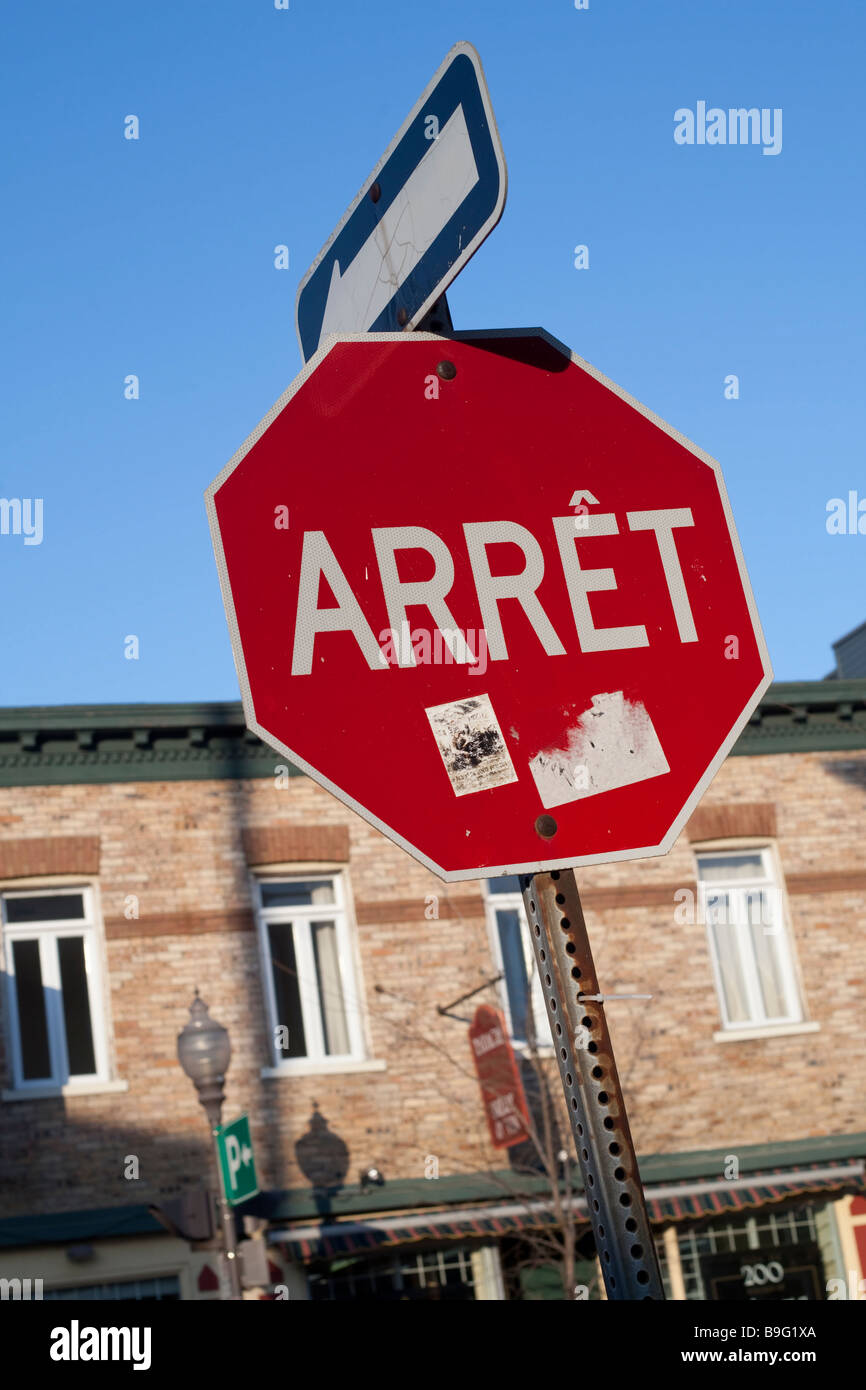 A French unilingual stop arret street sign in Quebec city Stock Photo