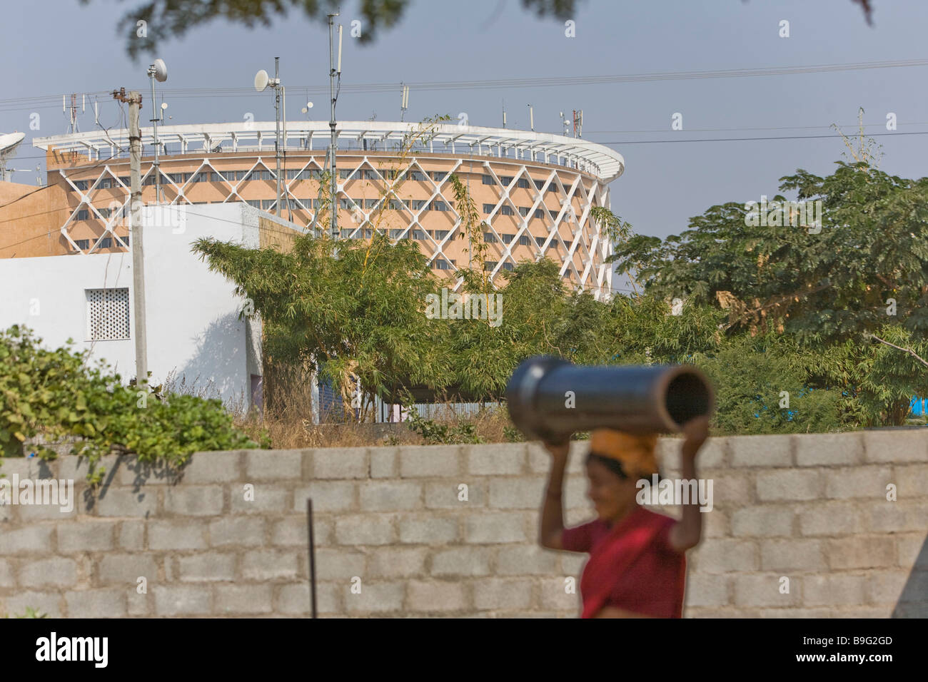 India Hyderabad Hi Tech city Worker In the background Cyber Towers