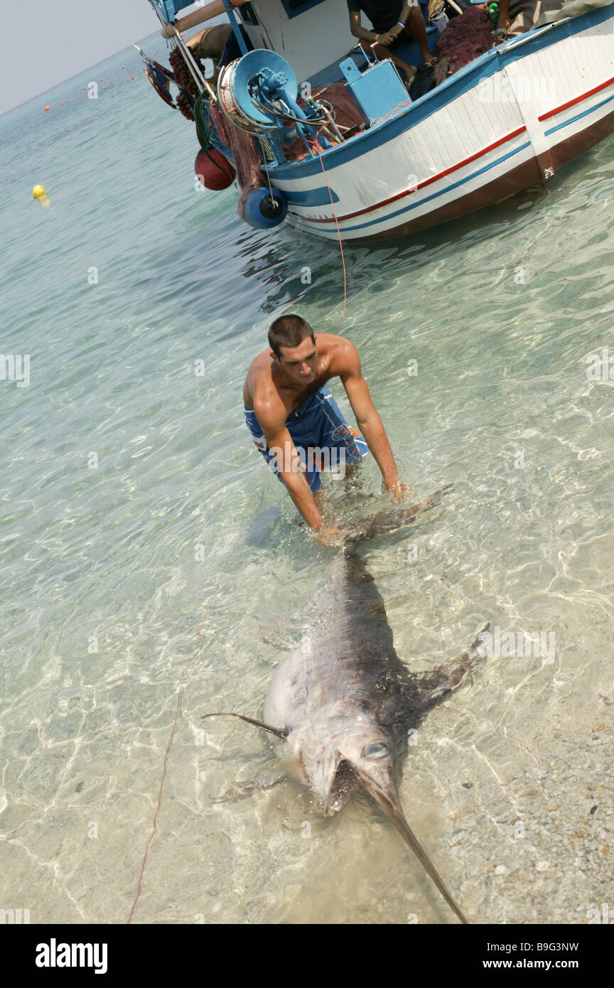 lake coast fishers boat swordfish Stock Photo Alamy