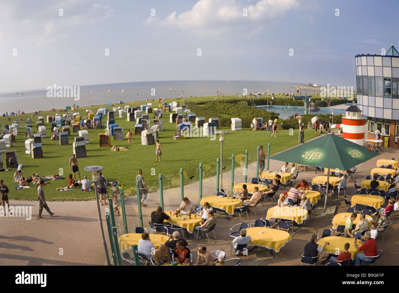 Germany East Frisia northern dike 'house of the guest' sunbathing area tourists live of the guest' architecture vacation Stock Photo
