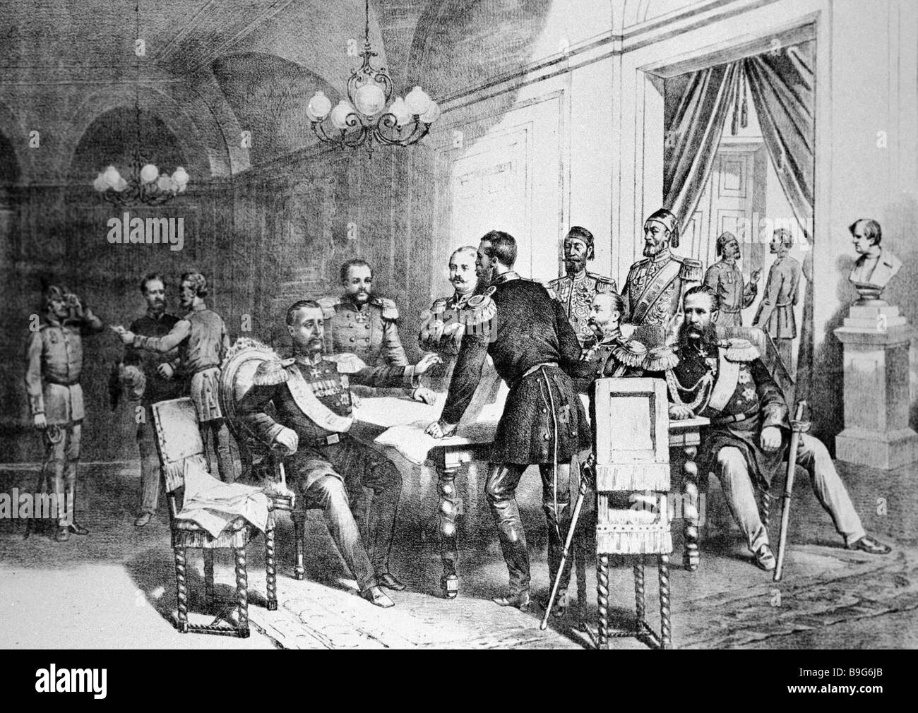 A reproduction of a lithograph showing the signing of a peace treaty in