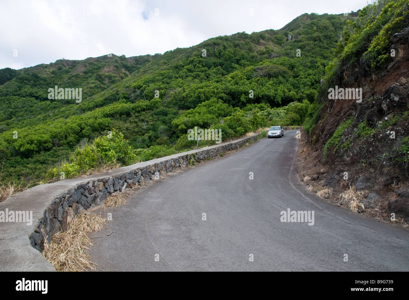 Car on narrow section of Highway 450 East through Halawa Valley