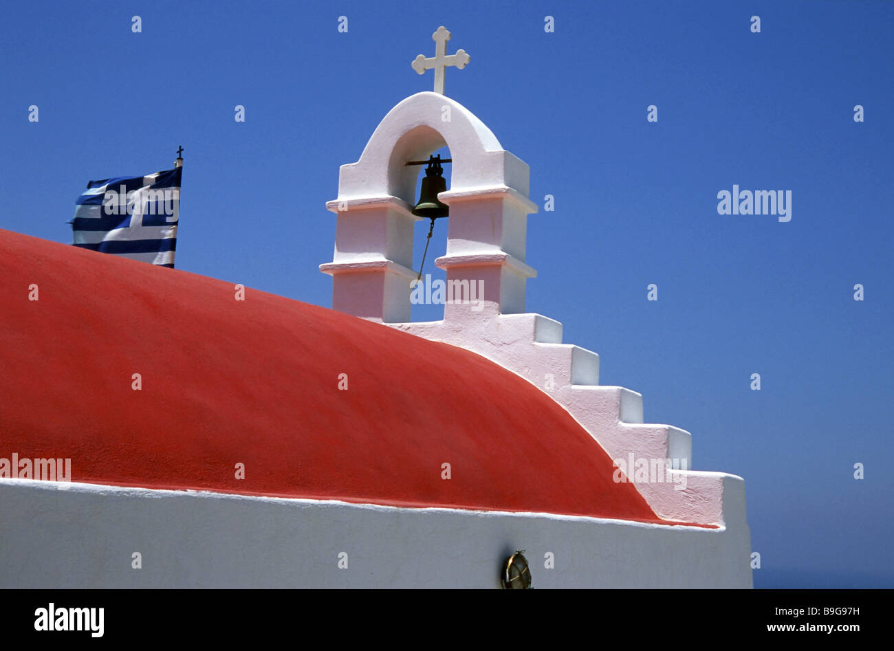 Greece Cyclades island Mykonos Agios Stefanos church wall fence gate destination Mediterranean-island sight Lord's house belief Stock Photo