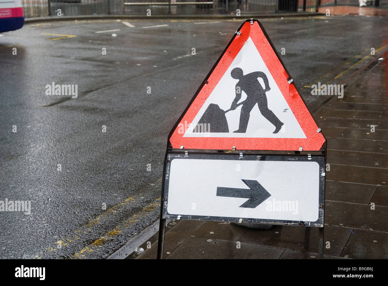 Road works construction sign in Manchester city centre UK Stock Photo