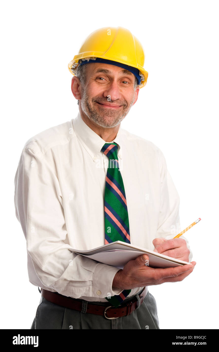 builder contractor writing estimate wearing hard hat protective helmet