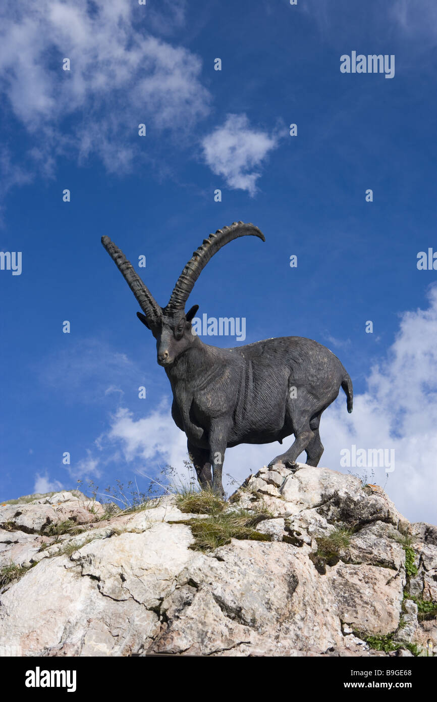 Austria Vorarlberg Lech am Arlberg Lech-Valley Formarin-Lake monument ibex Image alpine fauna alpine animal mountains bronze Stock Photo