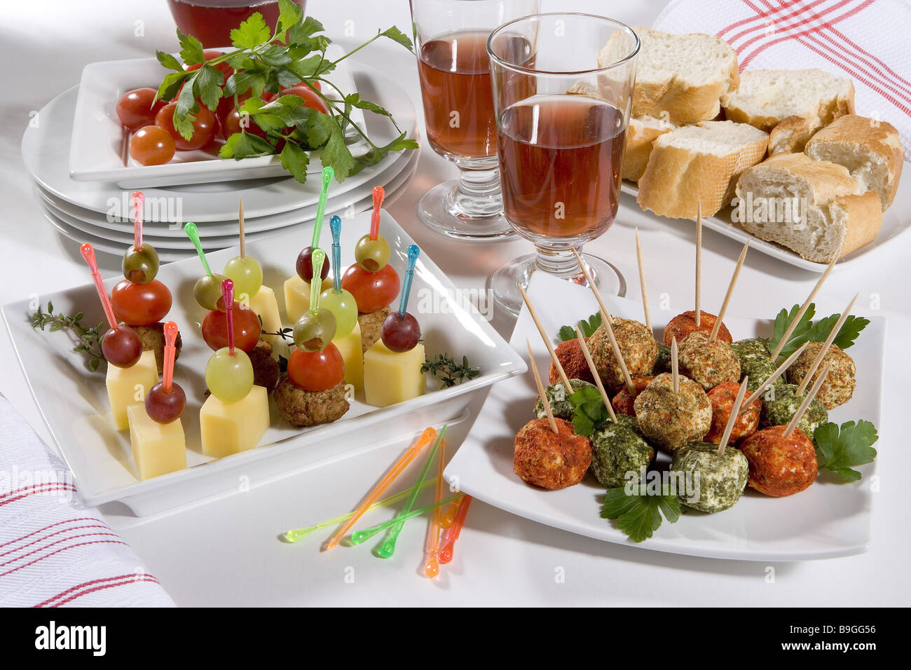 Party-Snacks differently plates napkins beverage bread broached food Stock  Photo - Alamy