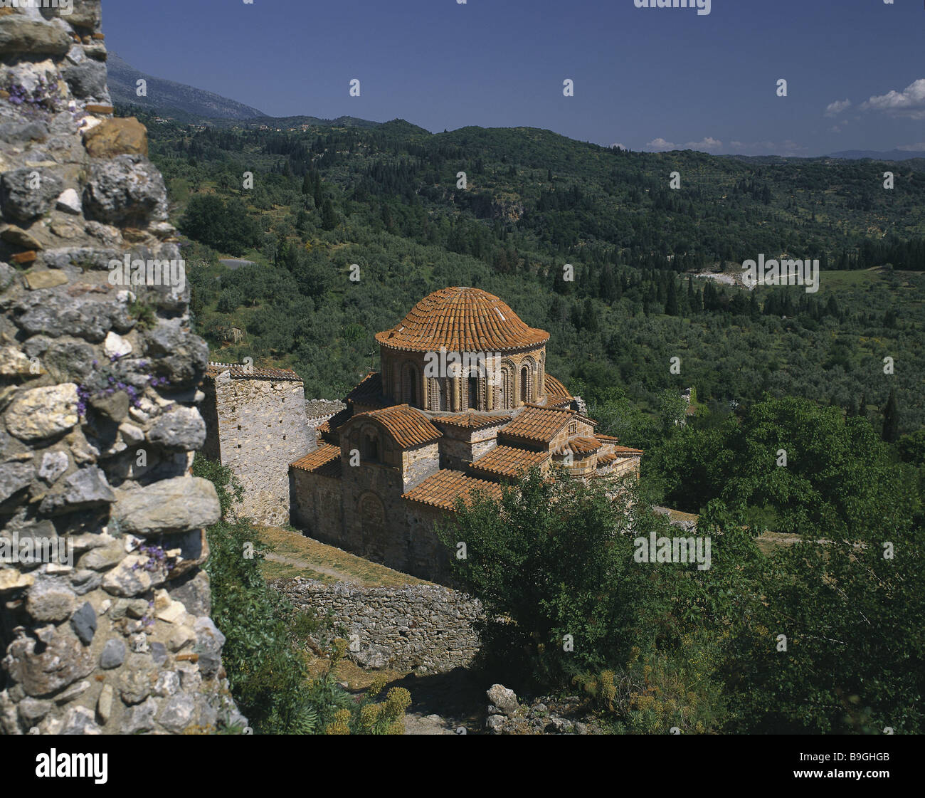 Greece peninsula Peloponnes Mystra sub-city Vrontocheion-cloister church Agii Theodori Taygetos-mountains Mystras Stock Photo