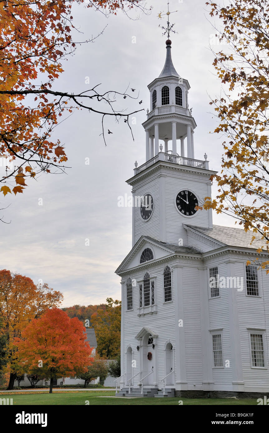 The Baptist church in East Poultney Vermont on a cloudy day in October