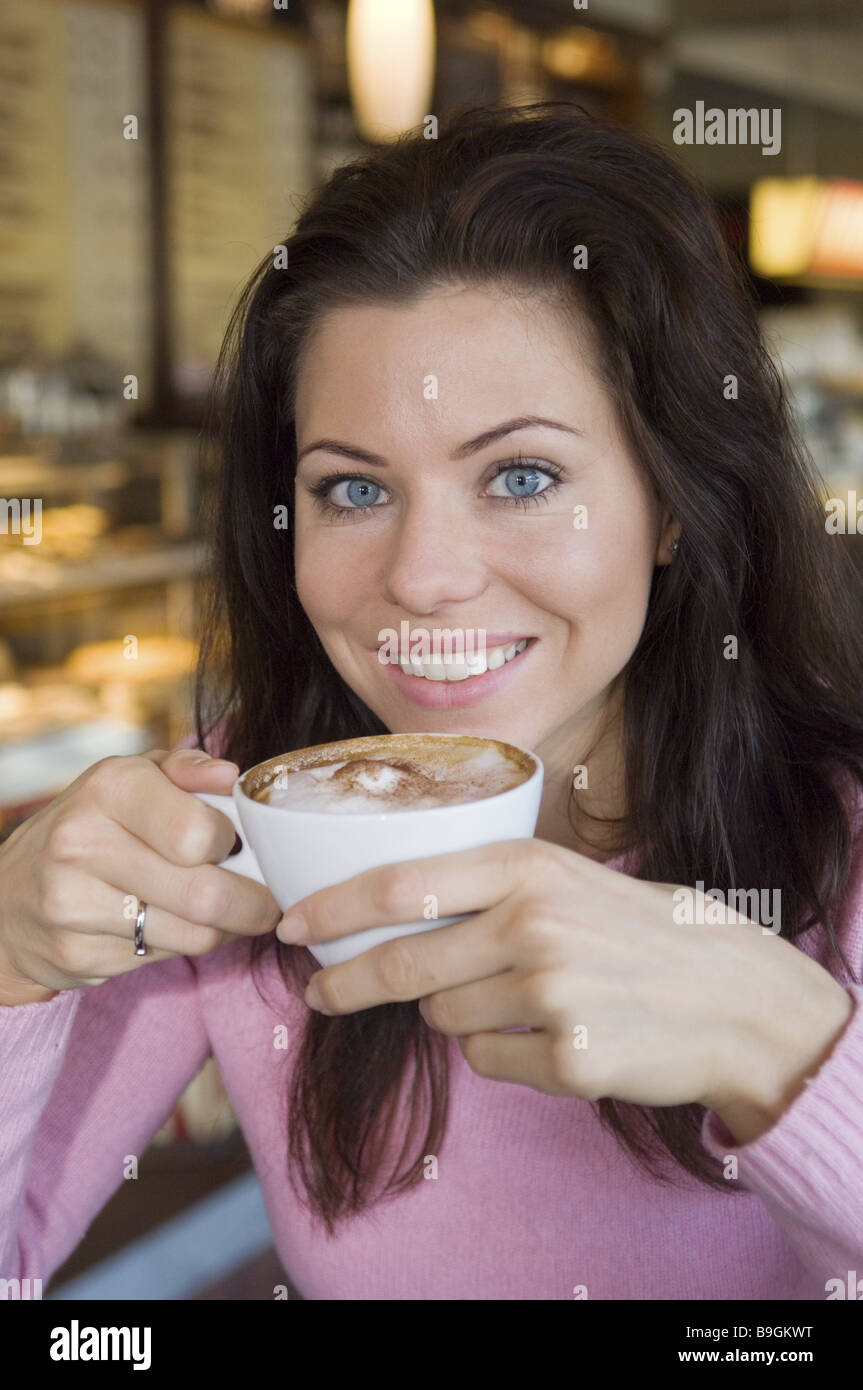 standup café woman young cappuccino drinks smiling portrait series