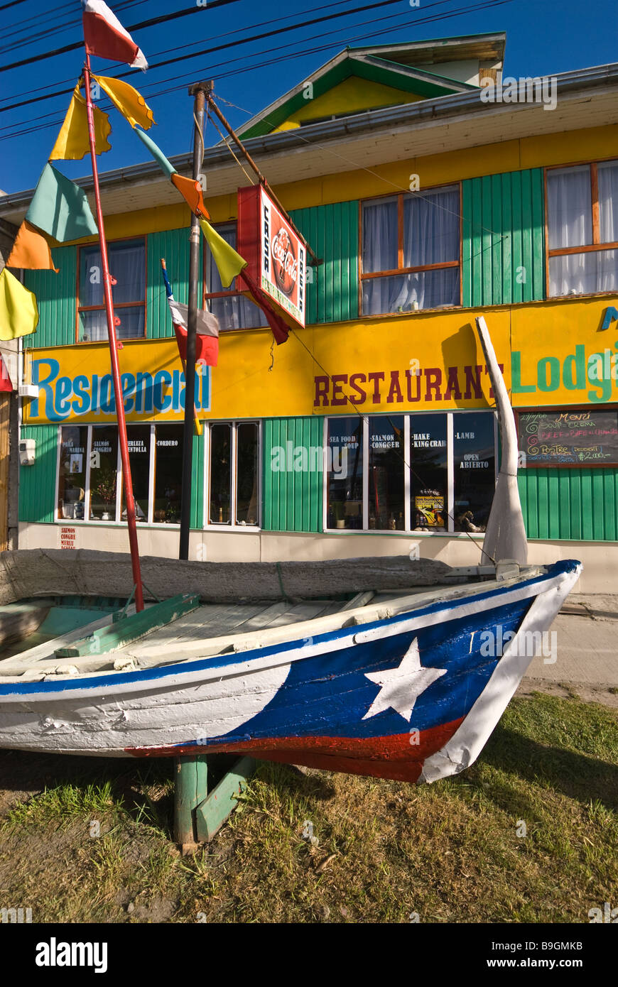 Elk198 4218v Chile Patagonia Puerto Natales restaurant with boat Stock Photo