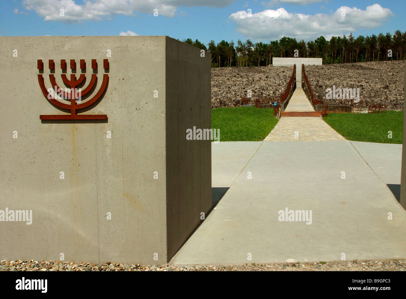 Belzec memorial Jewish menorah on entrance to Belzec extermination camp memorial site first of the Nazi extermination camps Stock Photo