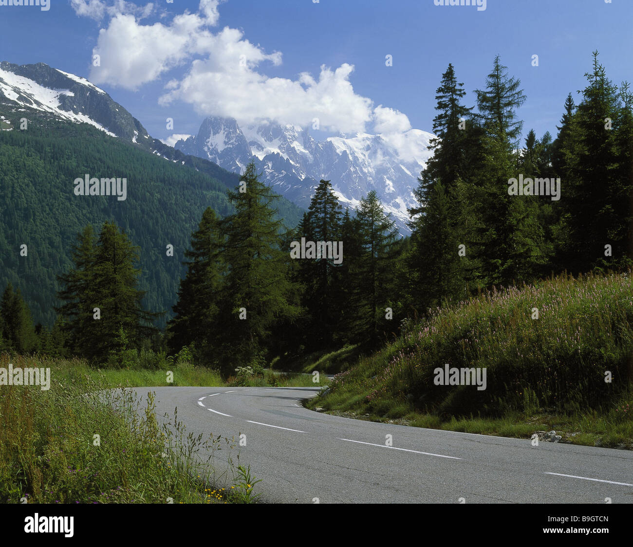 France department haute-savoie Alps streets Col des montets Montblanc clouded sky highway mountain-streets access road view Stock Photo