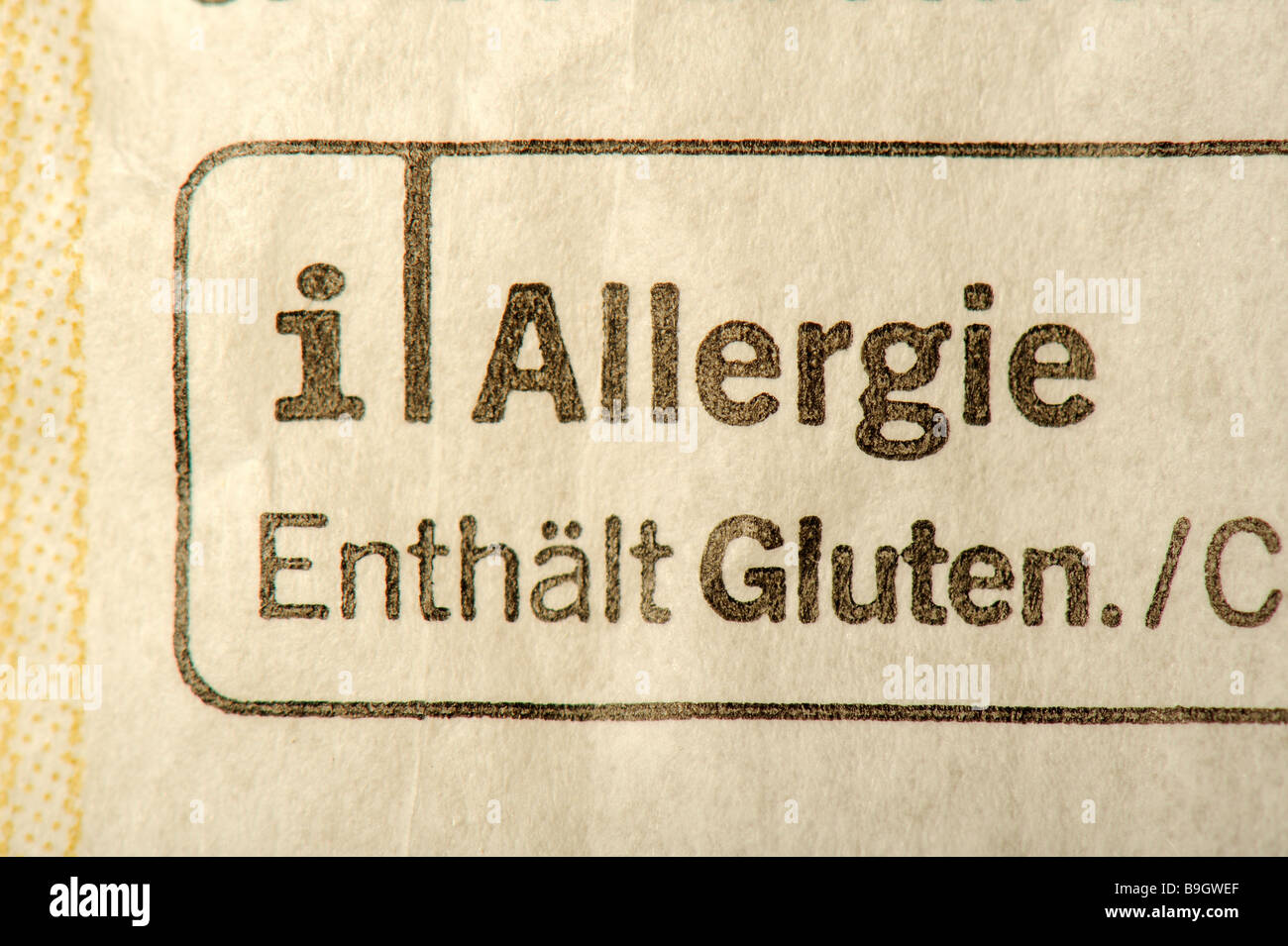 allergy. refernece to contents of allergic potential on a package of food: gluten and sesame. Stock Photo