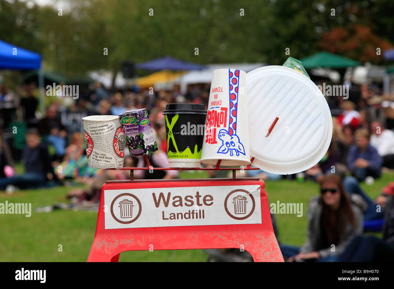 Recycling bin at wine and food festival,Timaru,NZ Stock Photo