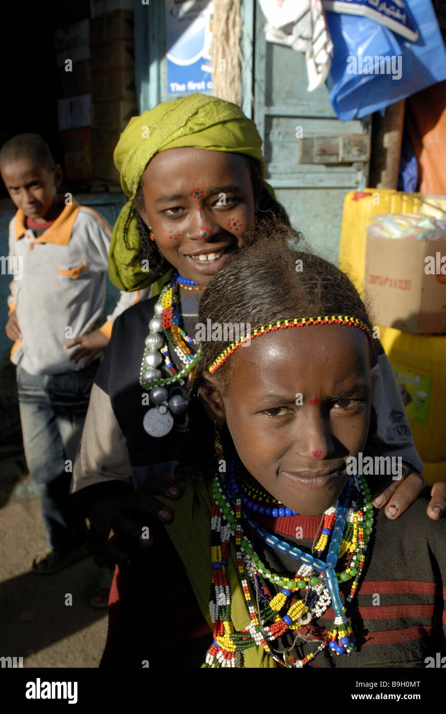 Ethiopia Harar market alley Oromo-girl smiling detail Africa East-Africa city port side streets people natives people colored Stock Photo