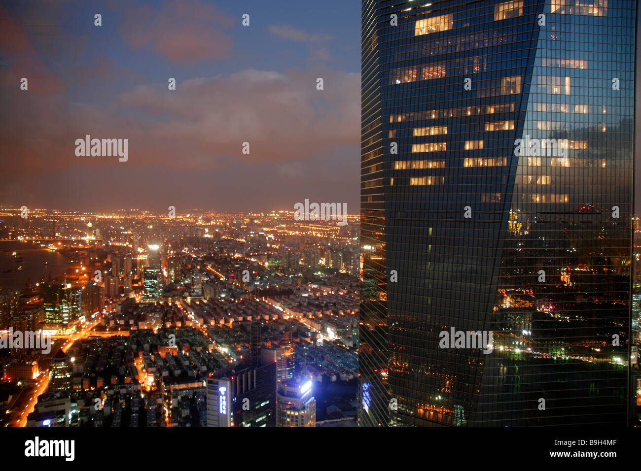 China, Shanghai. View from the Jin Mao Tower of the World Financial Center. Stock Photo