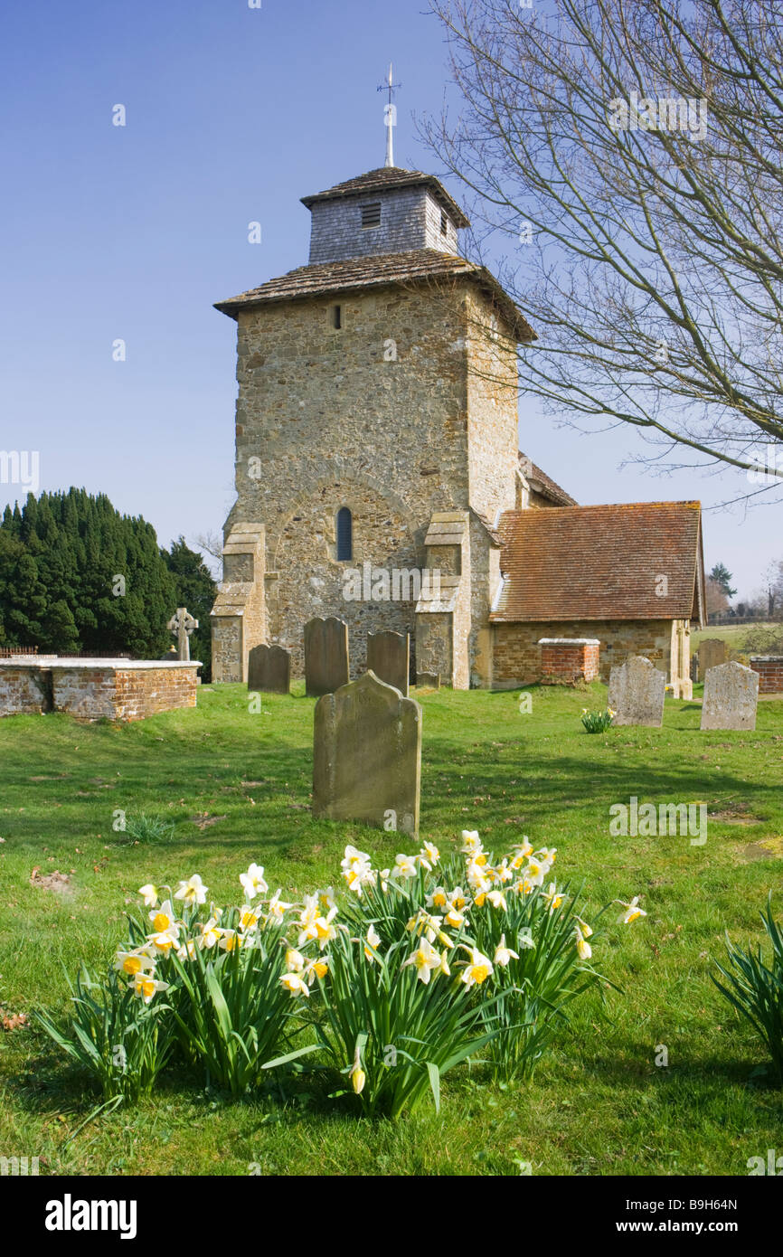 Wotton Church with daffodils, near Dorking, Surrey, UK Stock Photo
