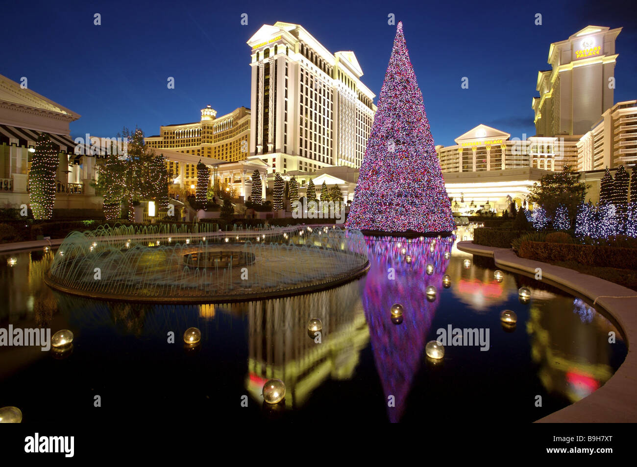 usa Nevada Las Vegas Caesar Palace wells christmas tree illumination pink  evening North America destination sight buildings Stock Photo - Alamy