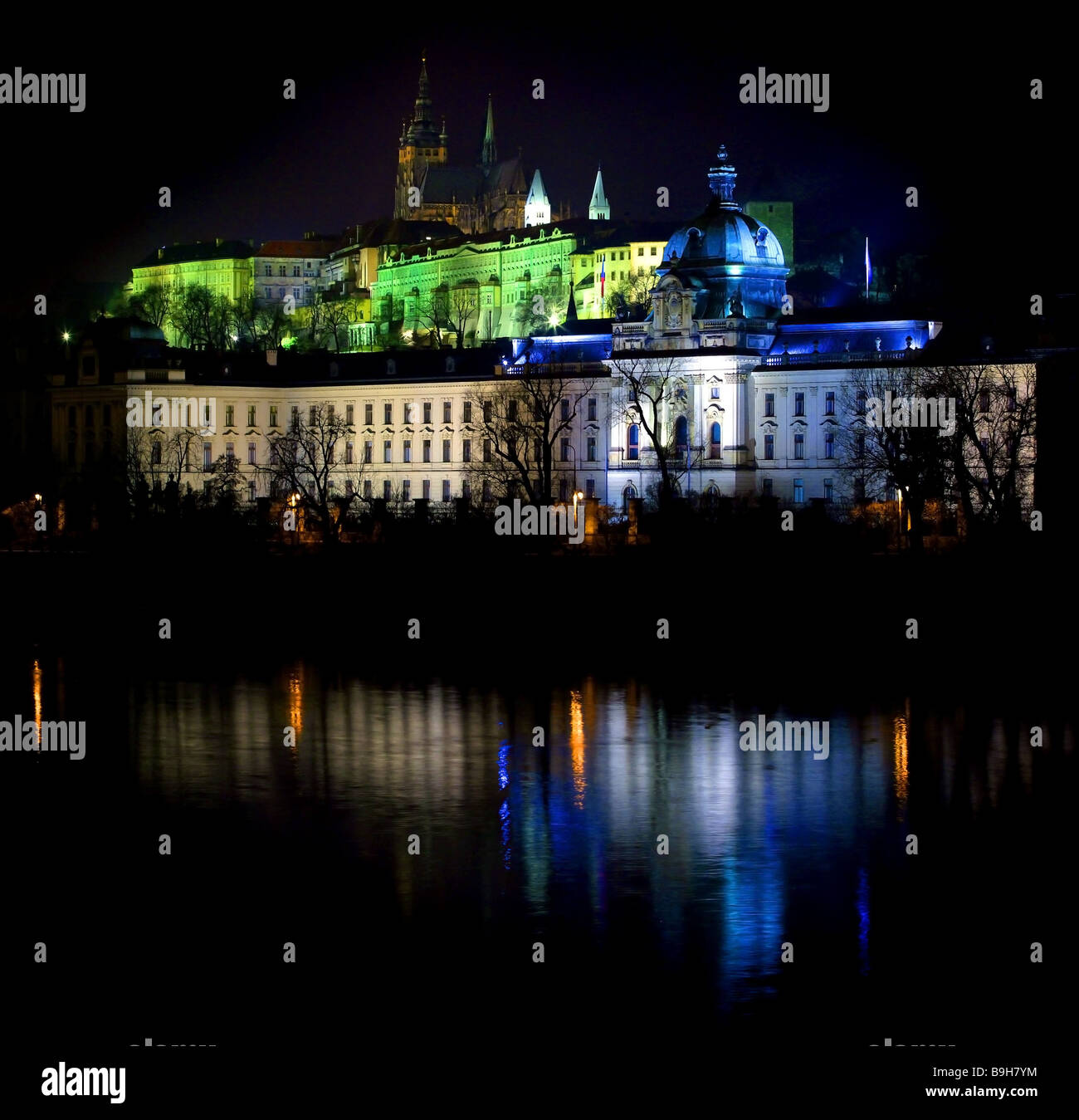 Czech republic Prague city view Moldavia Hradschin night  9.-10. century Evening construction illuminated sightseeing castle Stock Photo