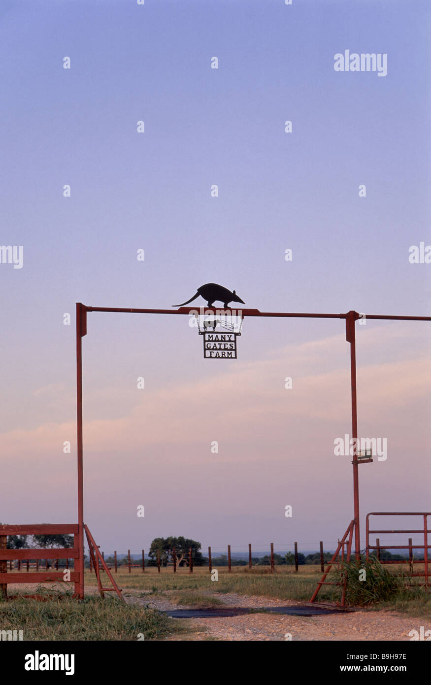 Wrought iron ranch gate near Washington Texas USA Stock Photo